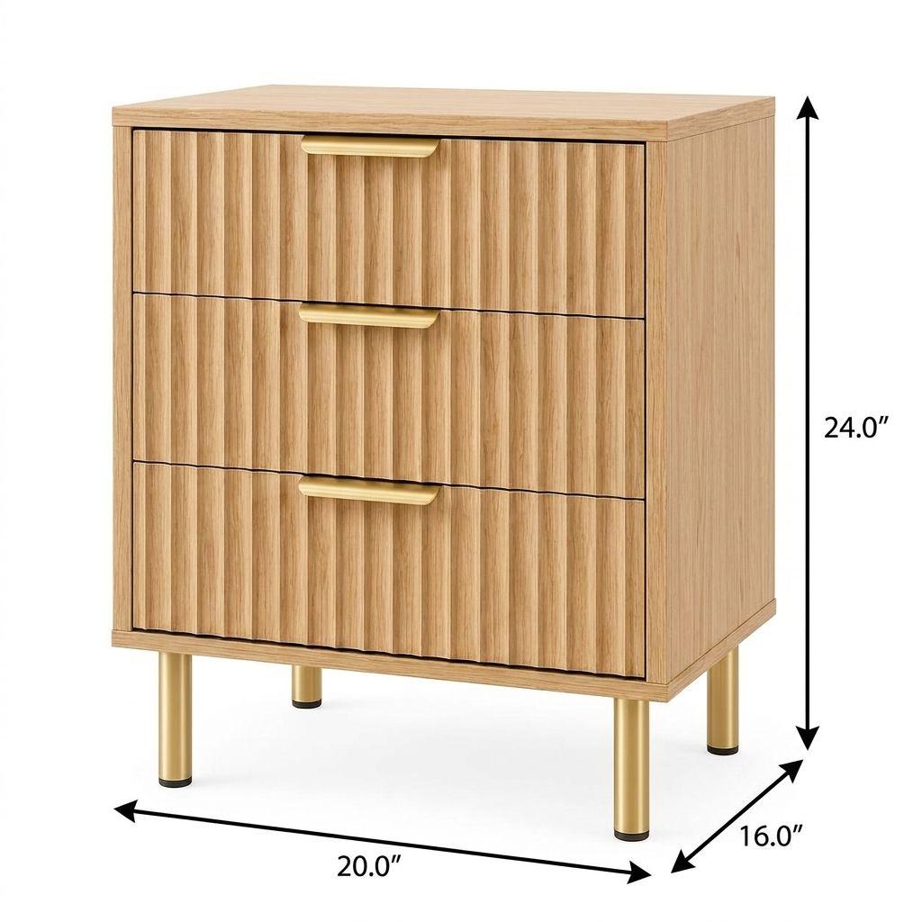 24" Oak Wood Ribbed Texture Three Drawer Nightstand