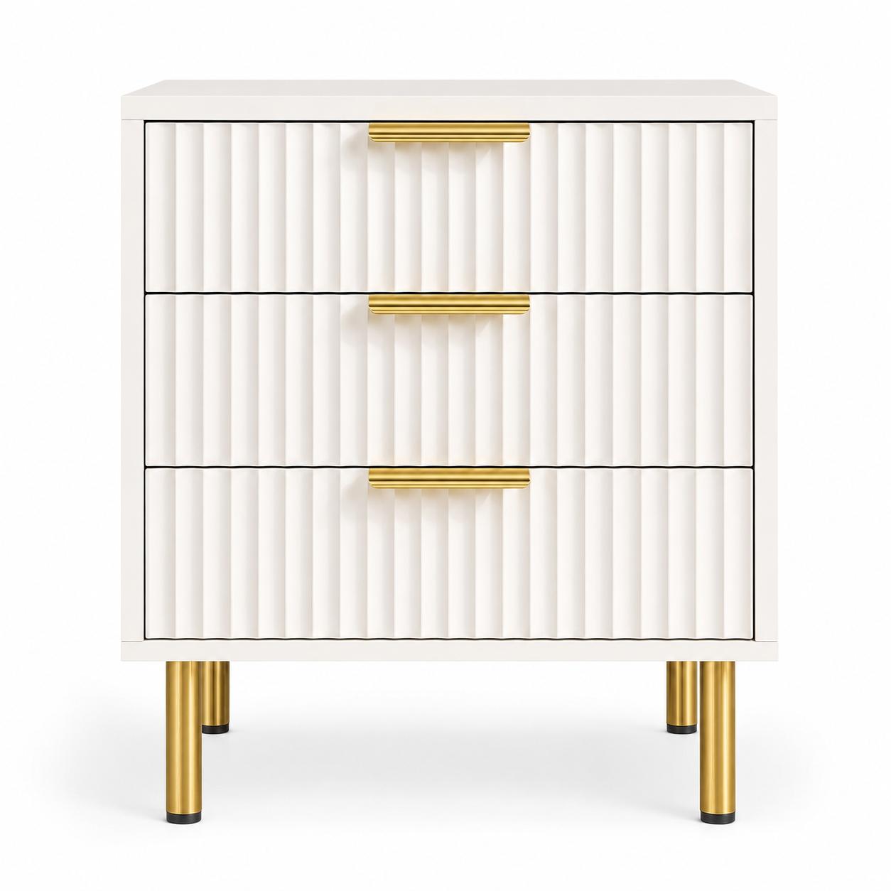 24" White Wood Ribbed Texture Three Drawer Nightstand