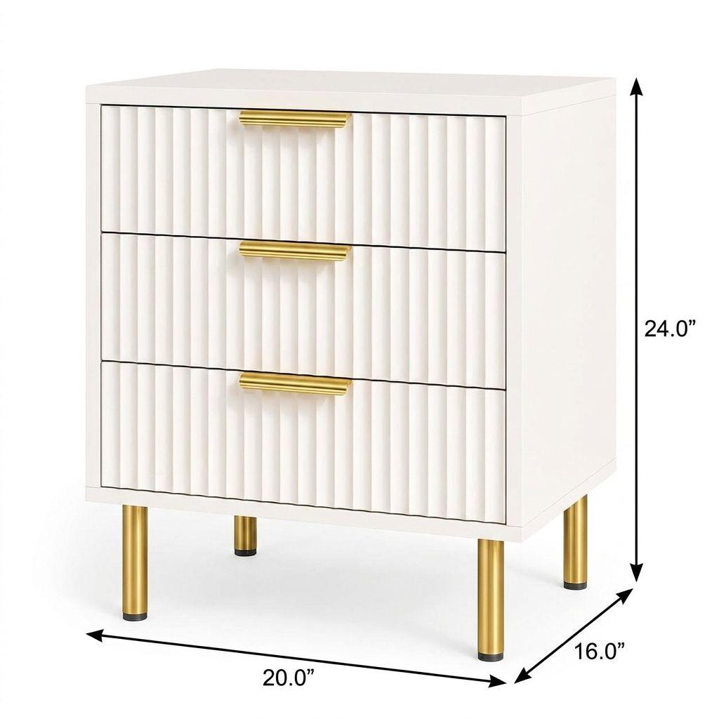 24" White Wood Ribbed Texture Three Drawer Nightstand