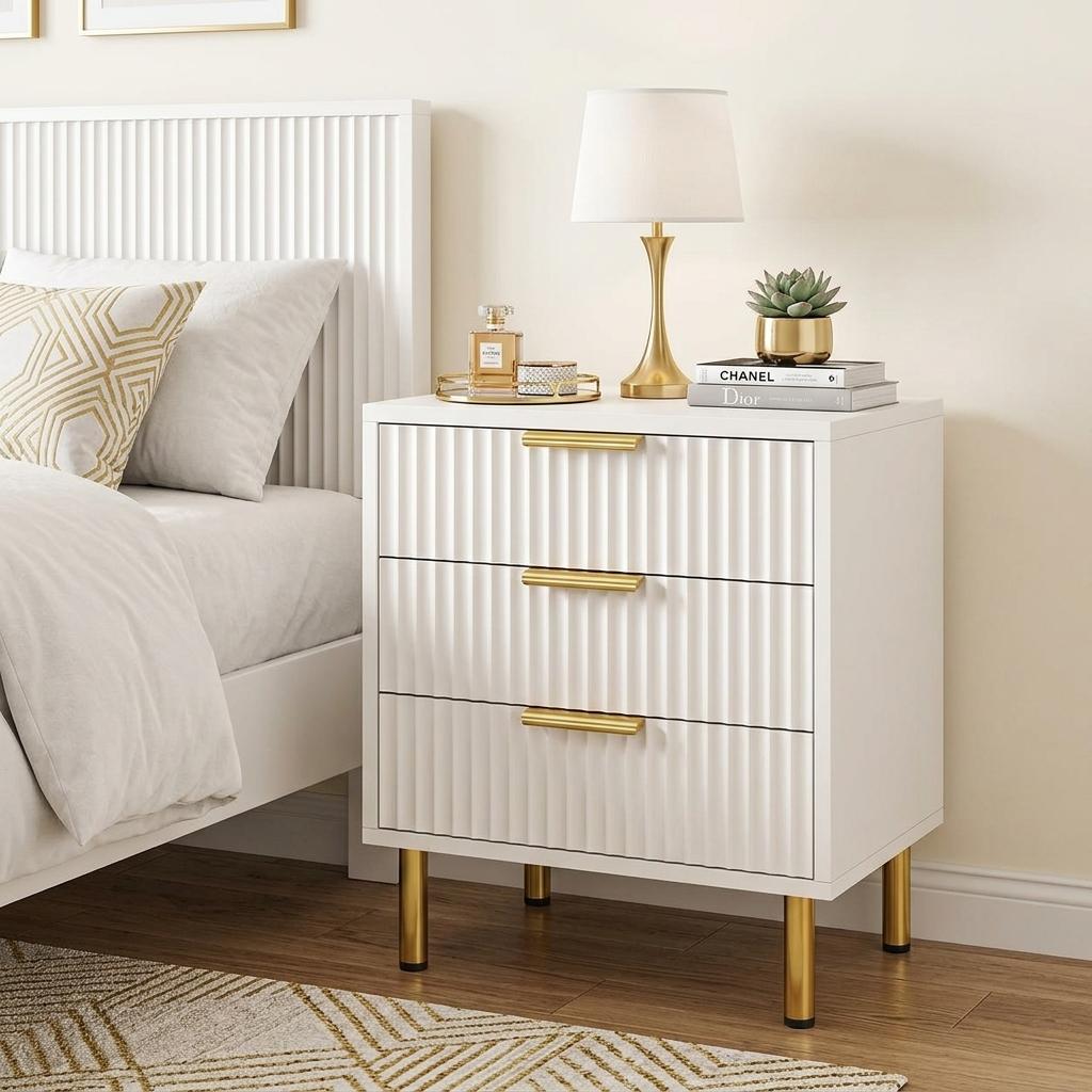 24" White Wood Ribbed Texture Three Drawer Nightstand