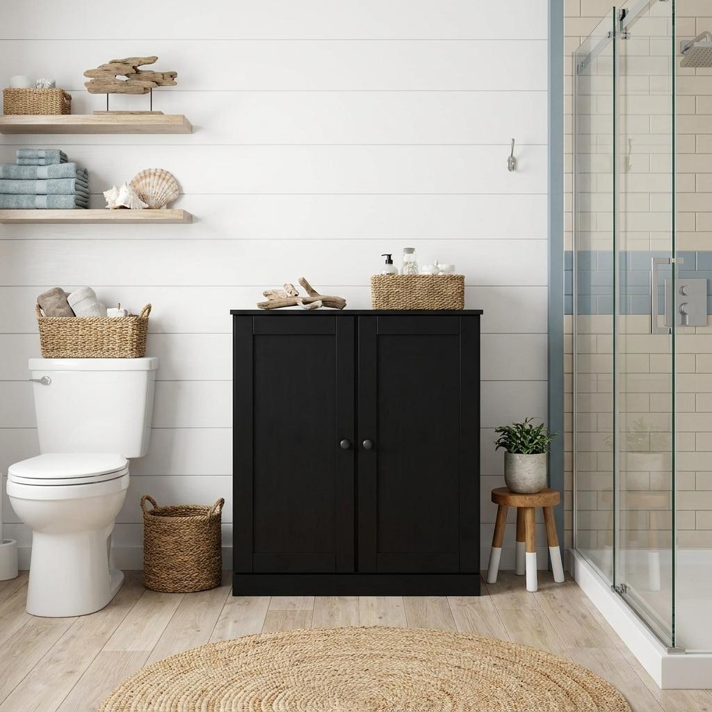 32" Black Solid Wood Shaker Style Double Door Linen Cabinet