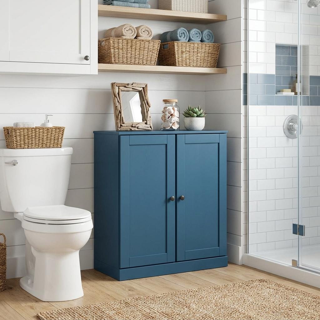 32" Teal Blue Solid Wood Shaker Style Double Door Linen Cabinet