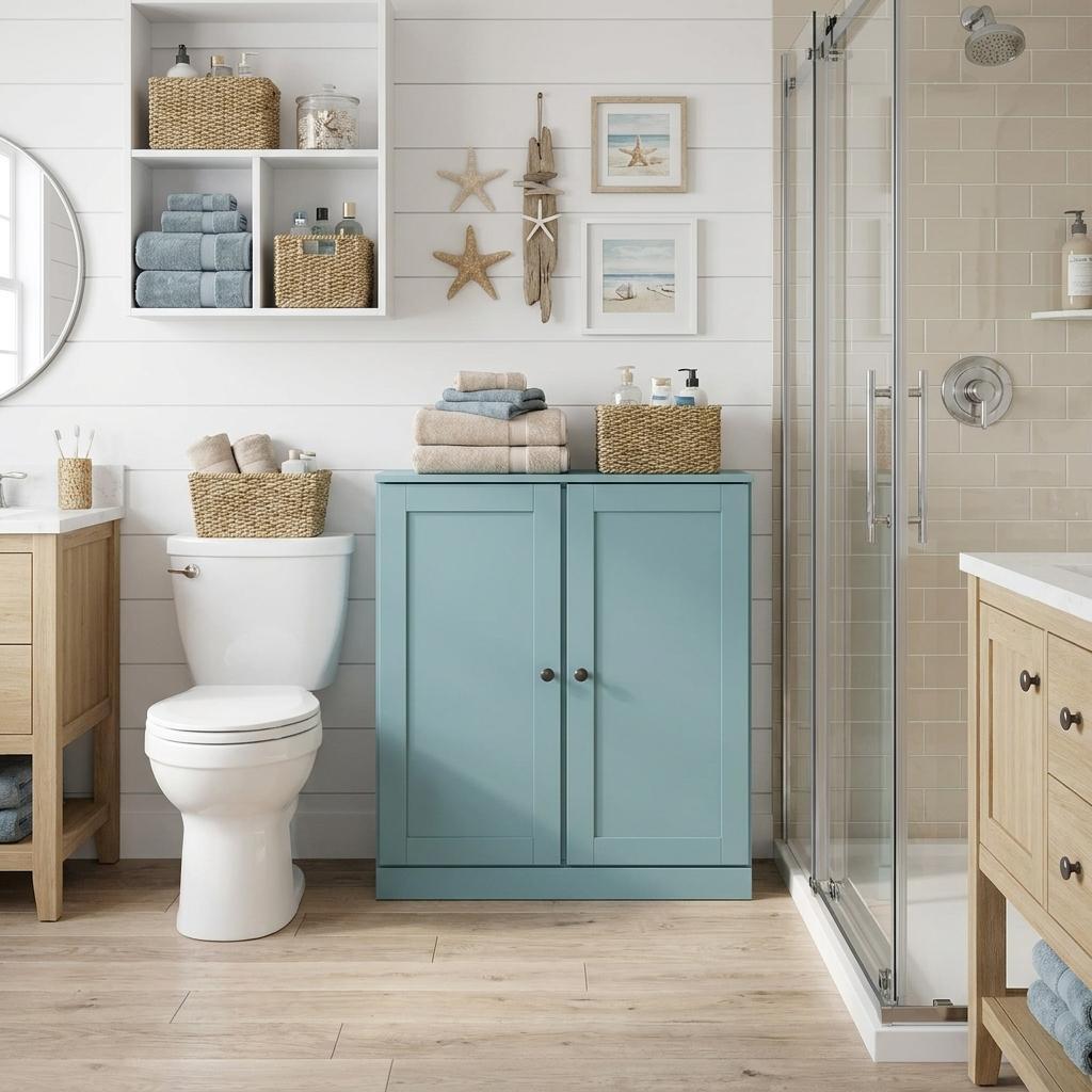 32" Aqua Solid Wood Shaker Style Double Door Linen Cabinet