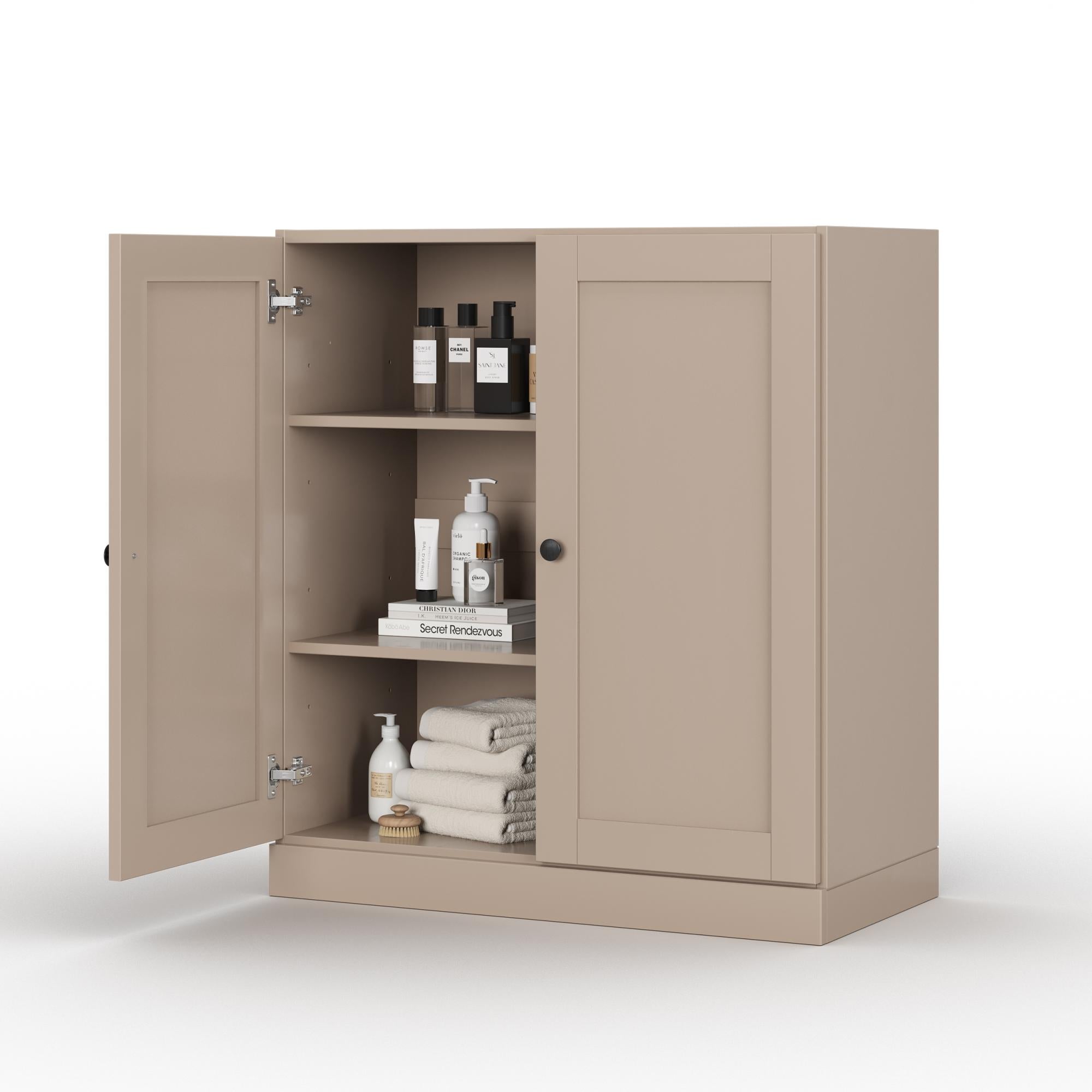 32" Beige Solid Wood Shaker Style Double Door Linen Cabinet