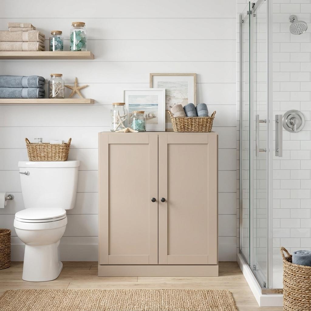 32" Beige Solid Wood Shaker Style Double Door Linen Cabinet