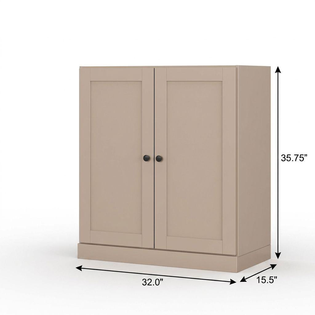 32" Beige Solid Wood Shaker Style Double Door Linen Cabinet