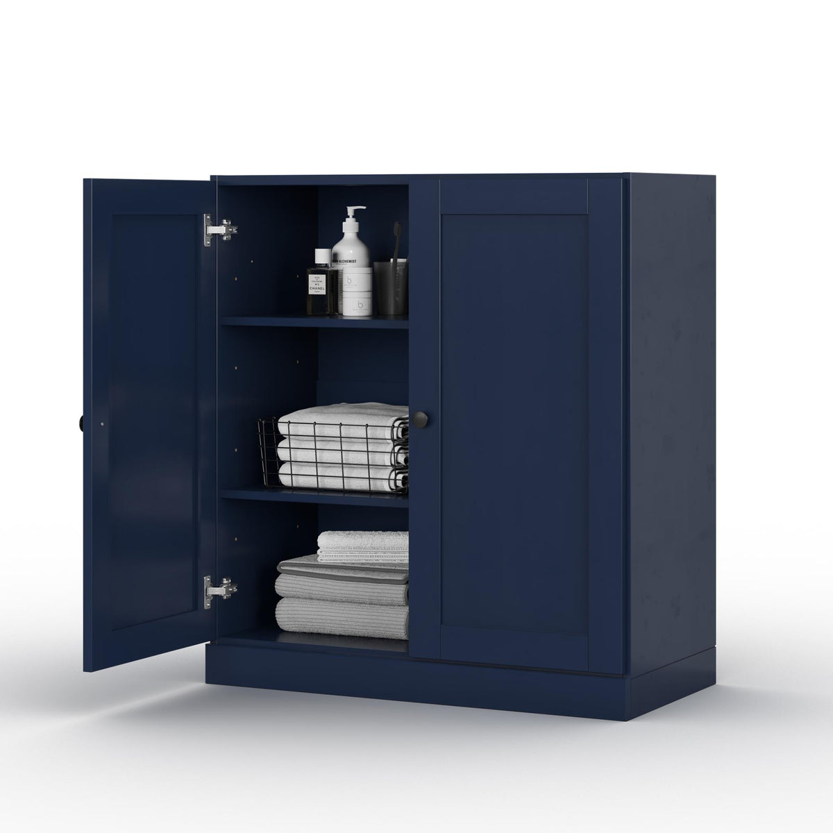32" Navy Blue Solid Wood Shaker Style Double Door Linen Cabinet
