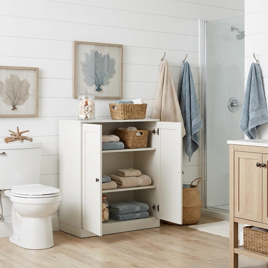 32" Off White Solid Wood Shaker Style Double Door Linen Cabinet