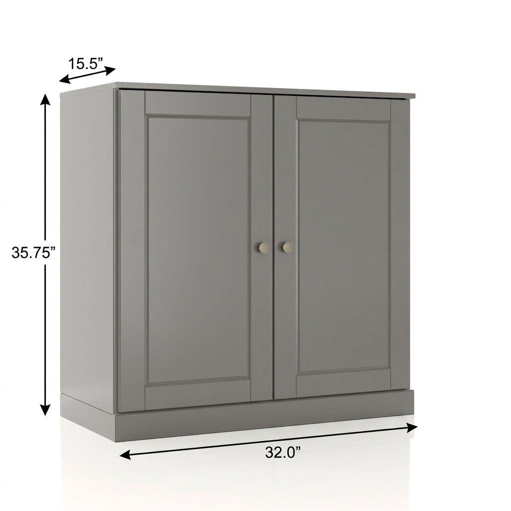 32" Gray Solid Wood Raised Panel Double Door Linen Cabinet