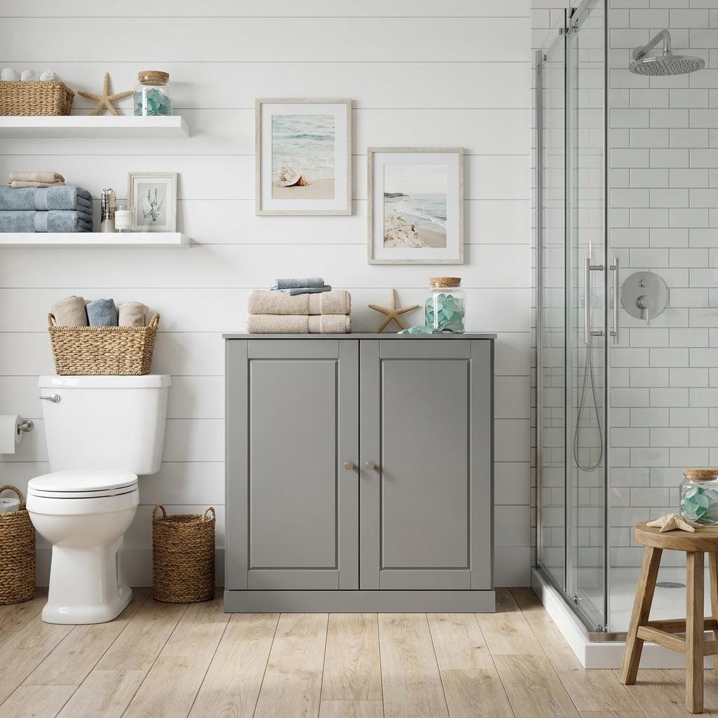 32" Gray Solid Wood Raised Panel Double Door Linen Cabinet