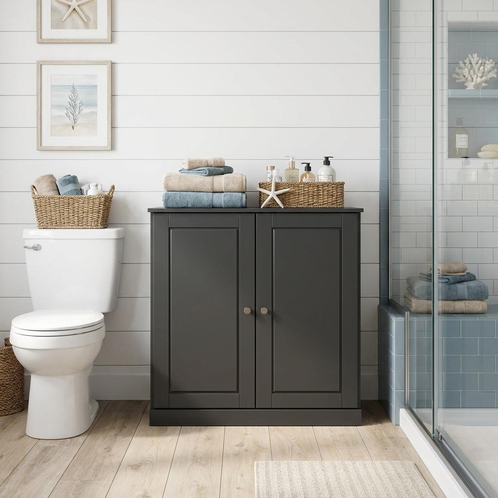 32" Black Solid Wood Raised Panel Double Door Linen Cabinet