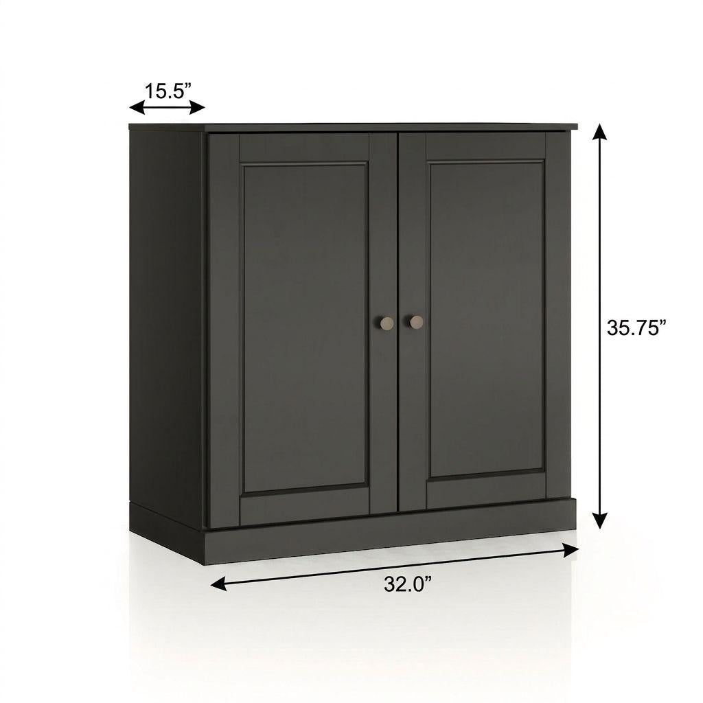 32" Black Solid Wood Raised Panel Double Door Linen Cabinet