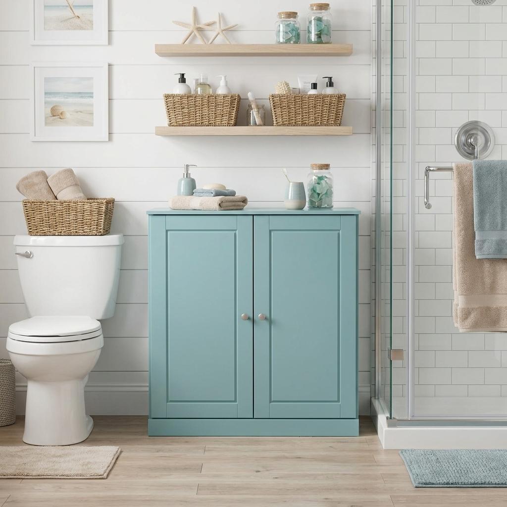 32" Aqua Solid Wood Raised Panel Double Door Linen Cabinet