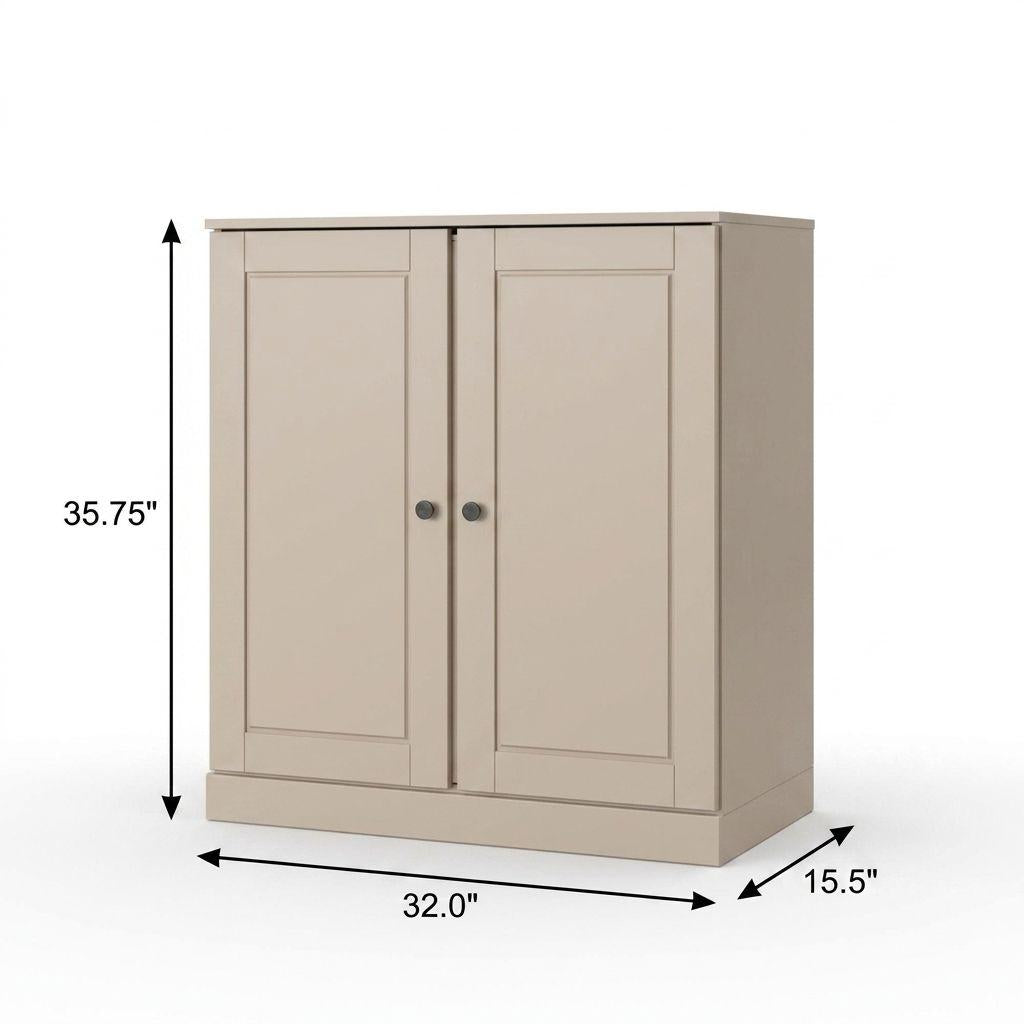 32" Beige Solid Wood Raised Panel Double Door Linen Cabinet