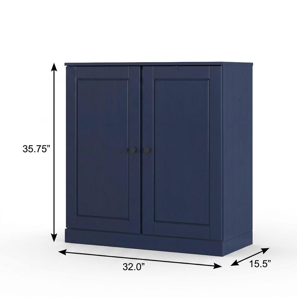 32" Navy Blue Solid Wood Raised Panel Double Door Linen Cabinet