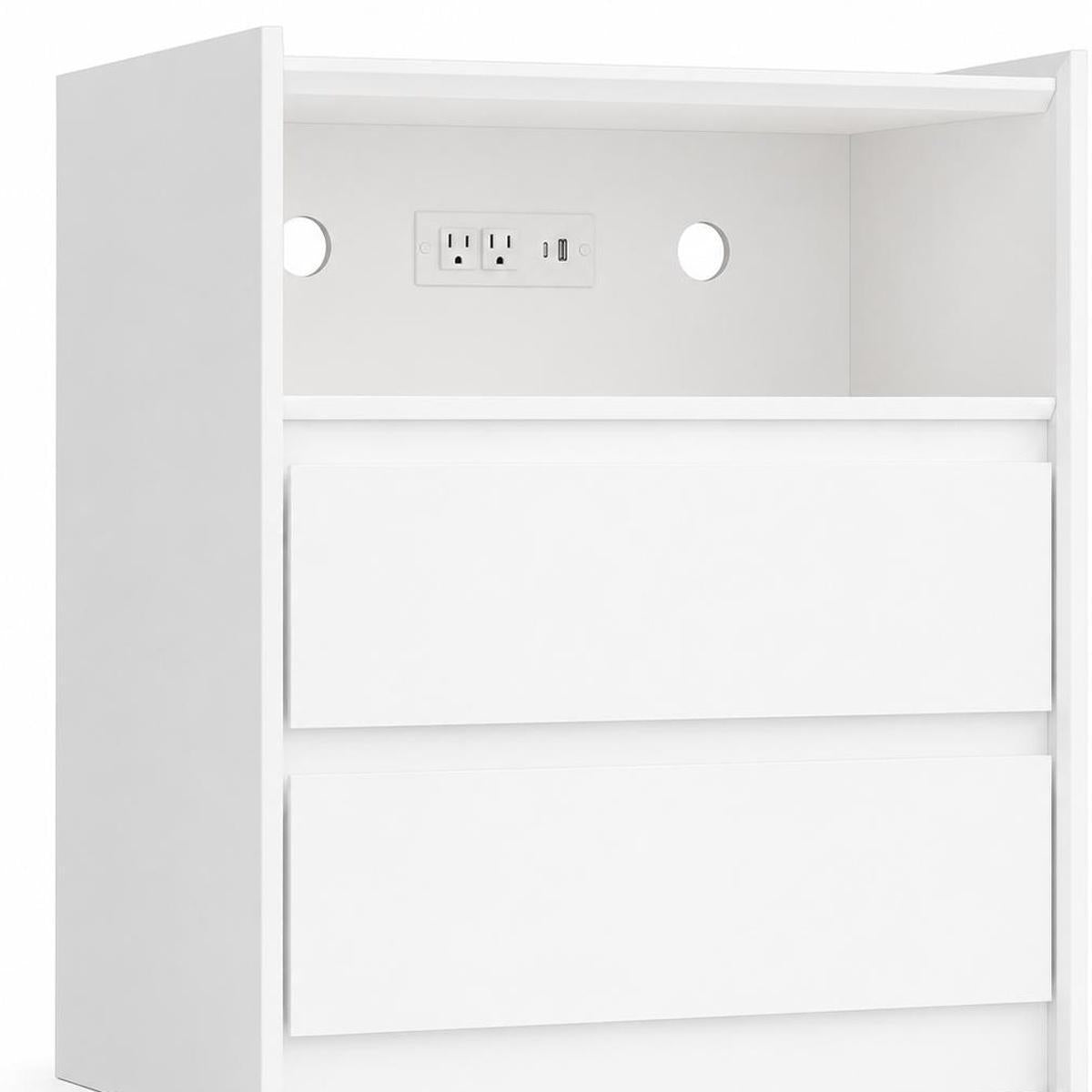 24" White Wood Two Drawer Nightstand with USB Port and Integrated Tech