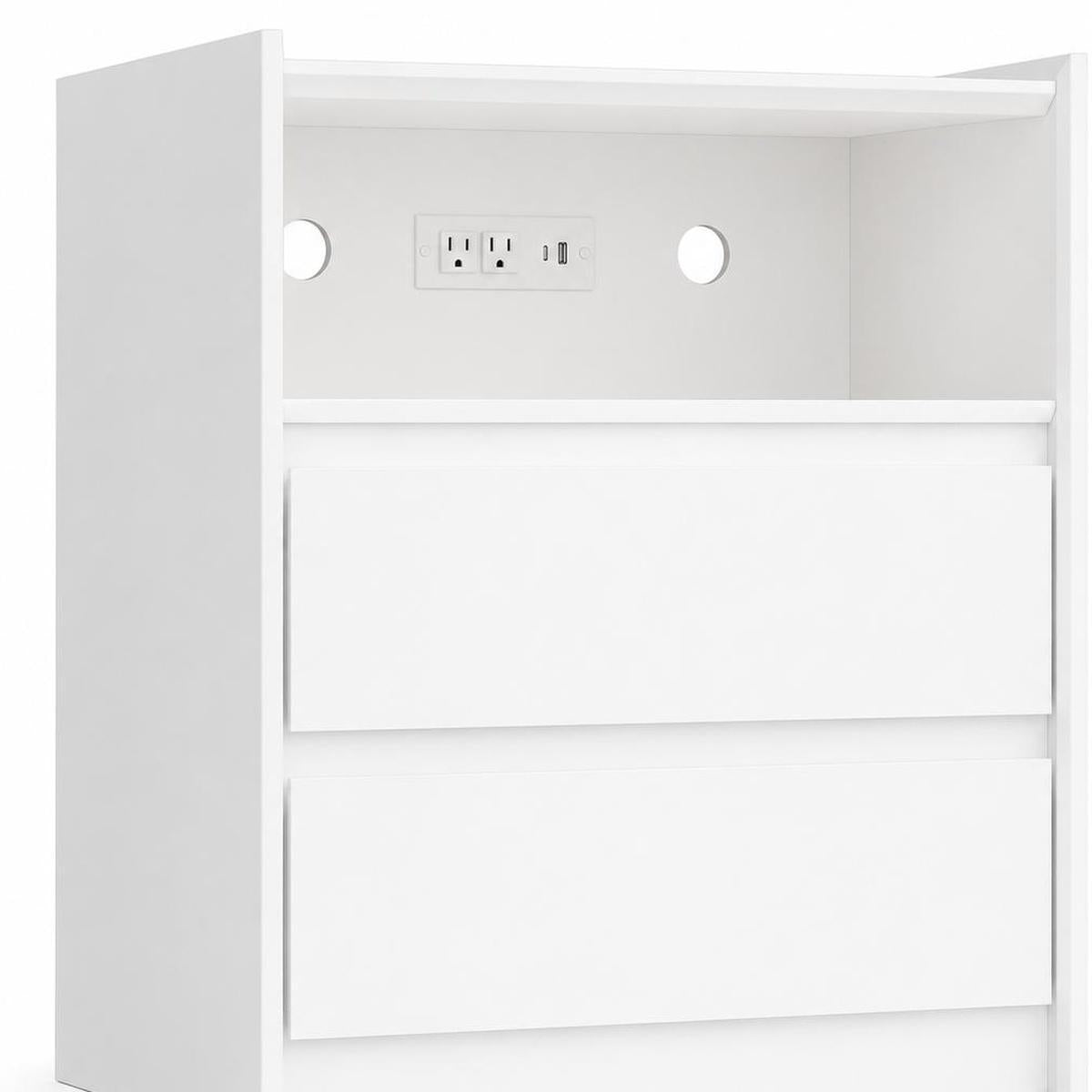 24" White Wood Two Drawer Nightstand with USB Port and Integrated Tech