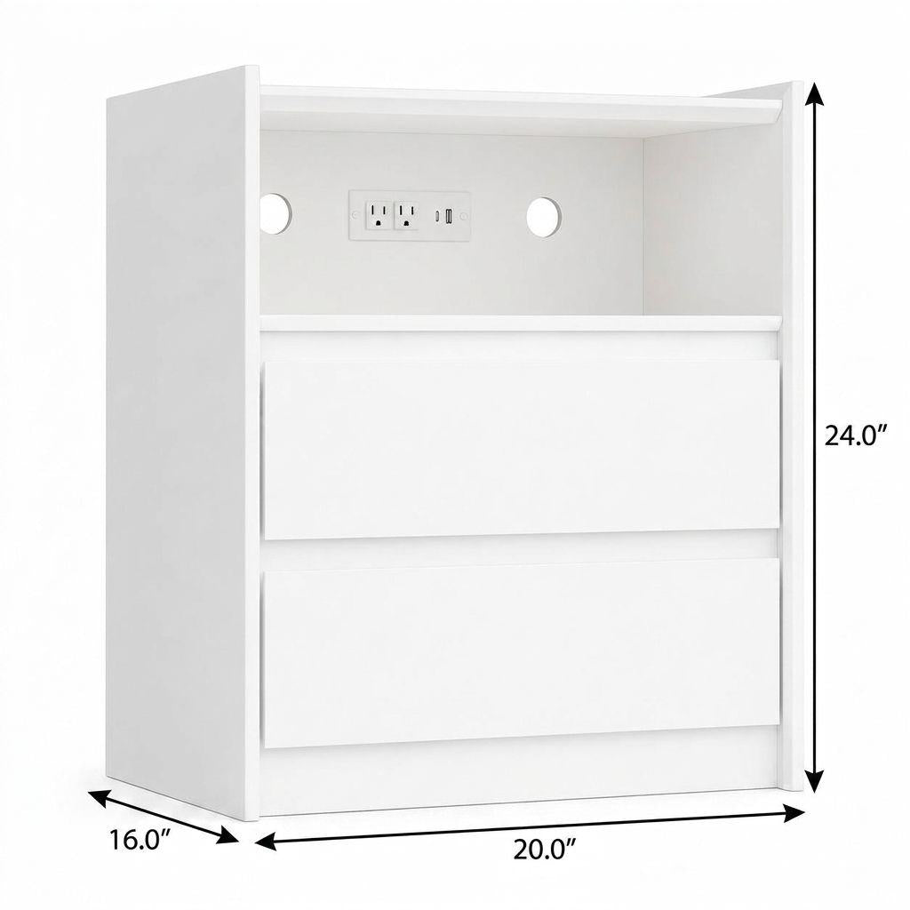 24" White Wood Two Drawer Nightstand with USB Port and Integrated Tech