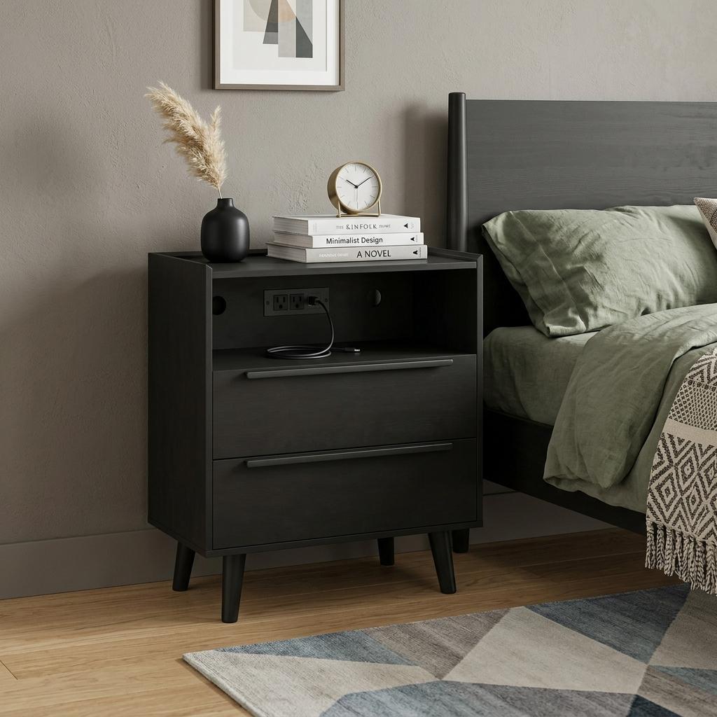26" Black Wood Two Drawer Nightstand with USB Port and Integrated Tech