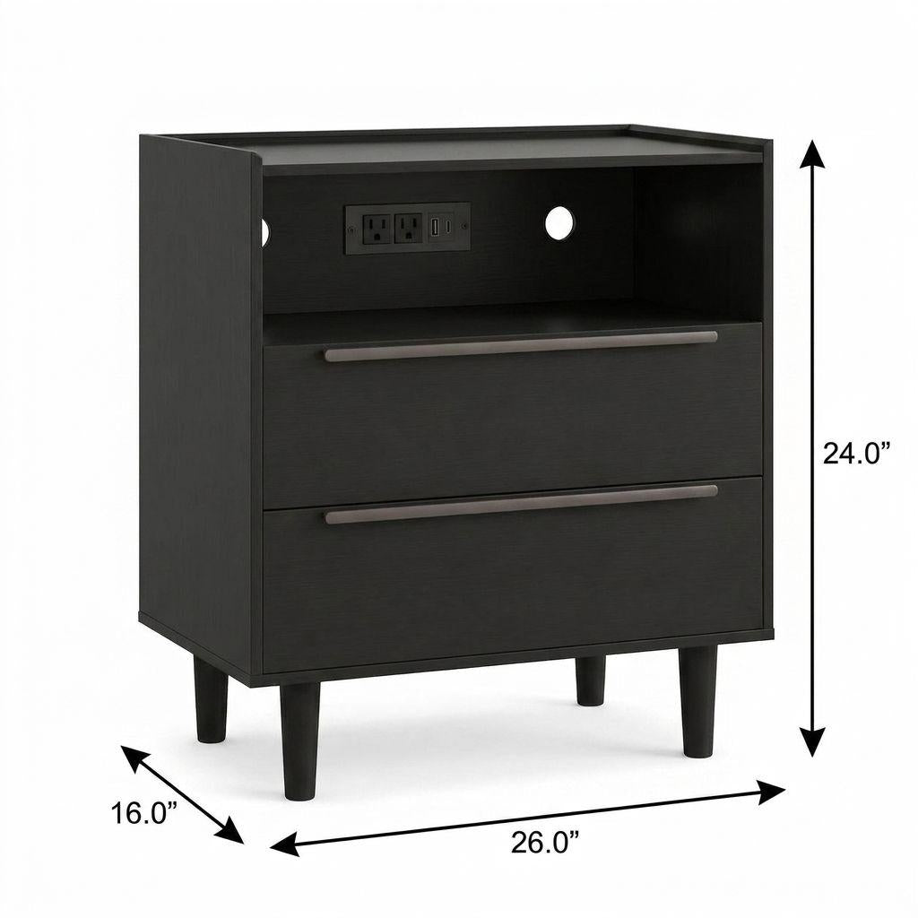 26" Black Wood Two Drawer Nightstand with USB Port and Integrated Tech