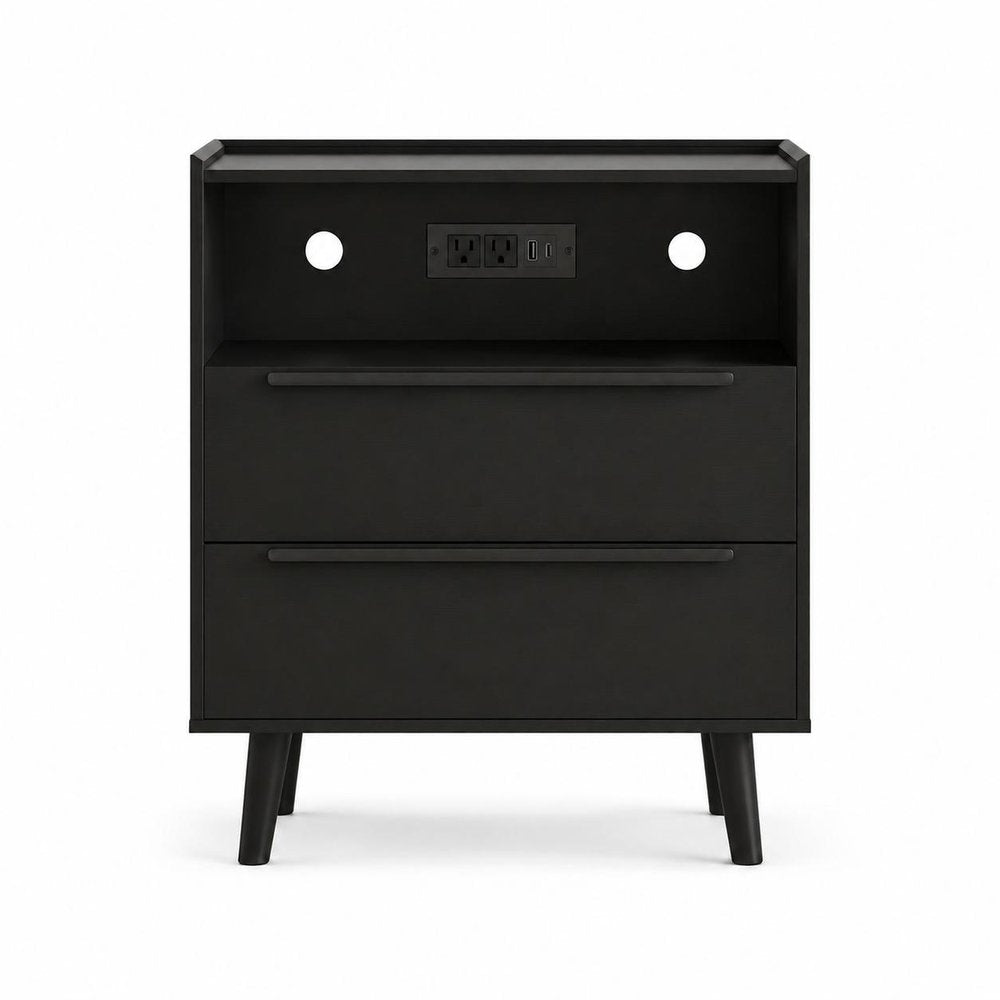 26" Black Wood Two Drawer Nightstand with USB Port and Integrated Tech