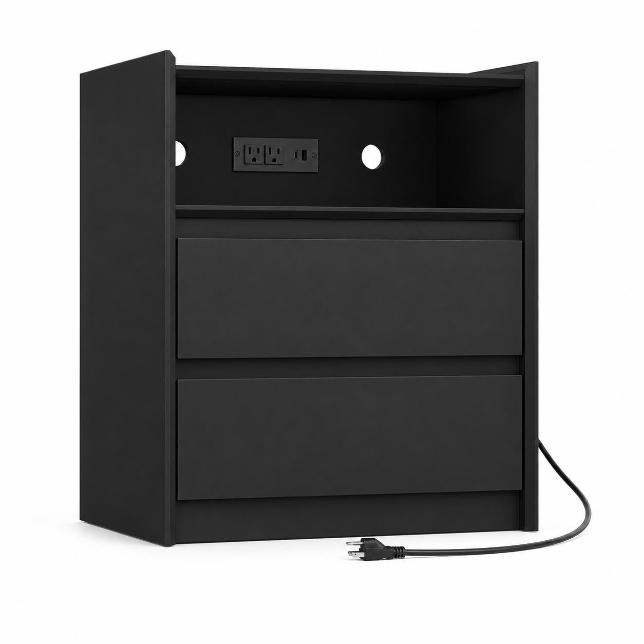 24" Black Wood Two Drawer Nightstand with USB Port and Integrated Tech
