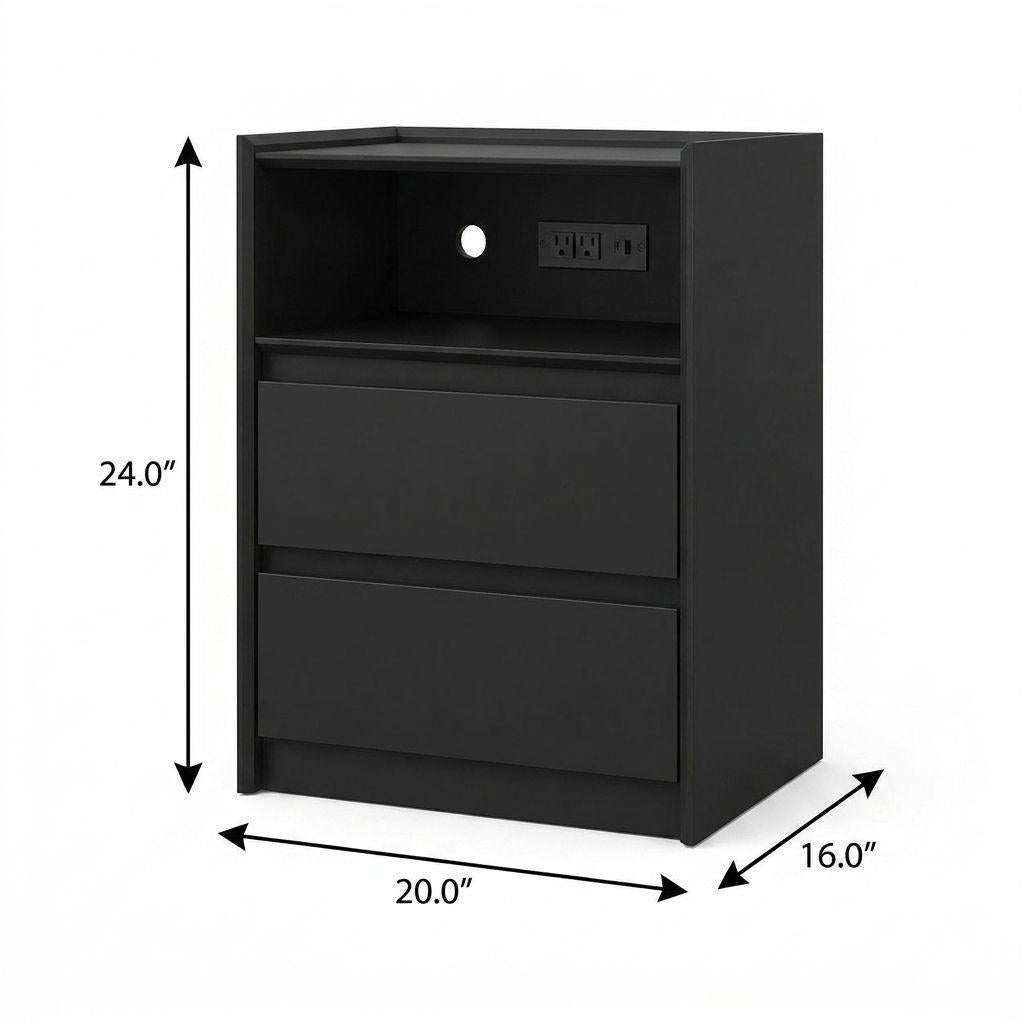 24" Black Wood Two Drawer Nightstand with USB Port and Integrated Tech