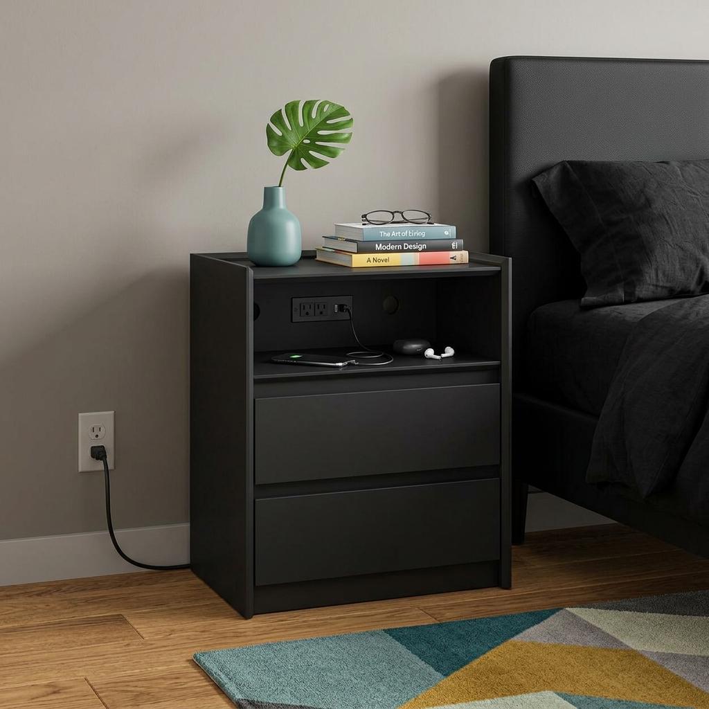 24" Black Wood Two Drawer Nightstand with USB Port and Integrated Tech