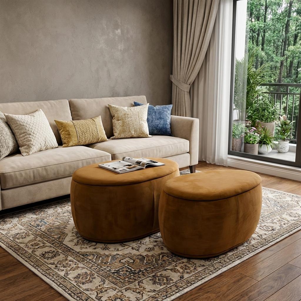 34" Set of Two Gold Chenille Oval Ottoman With Storage