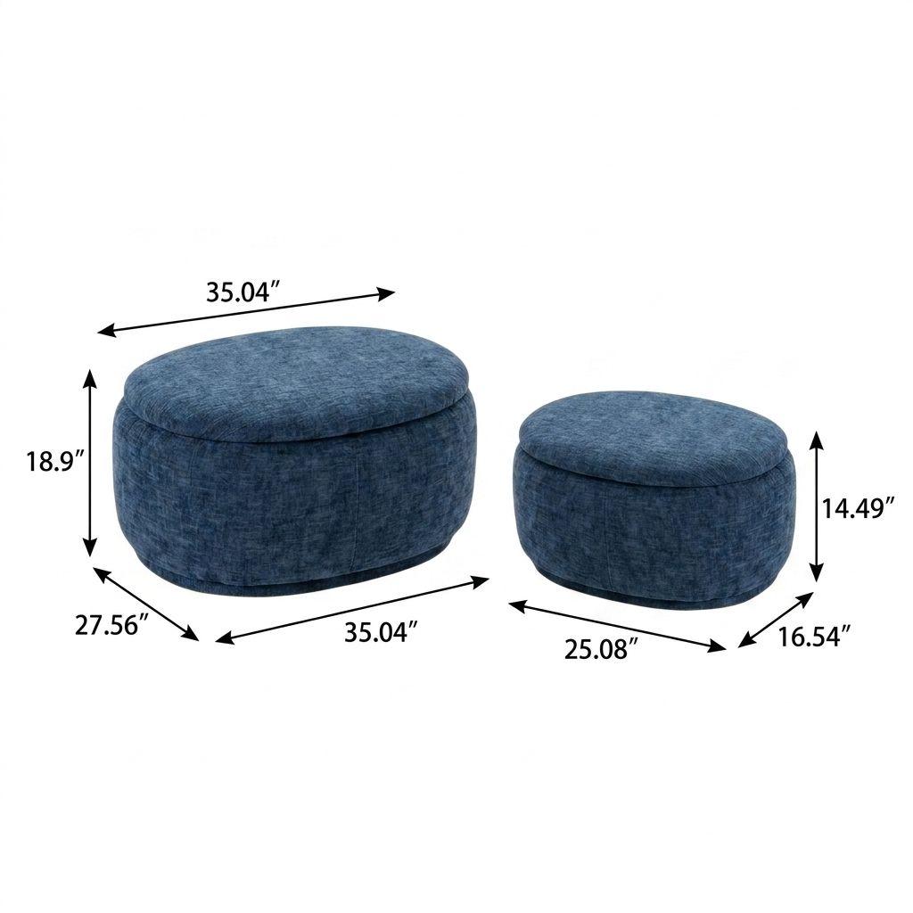 34" Set of Two Blue Chenille Round Ottoman With Storage