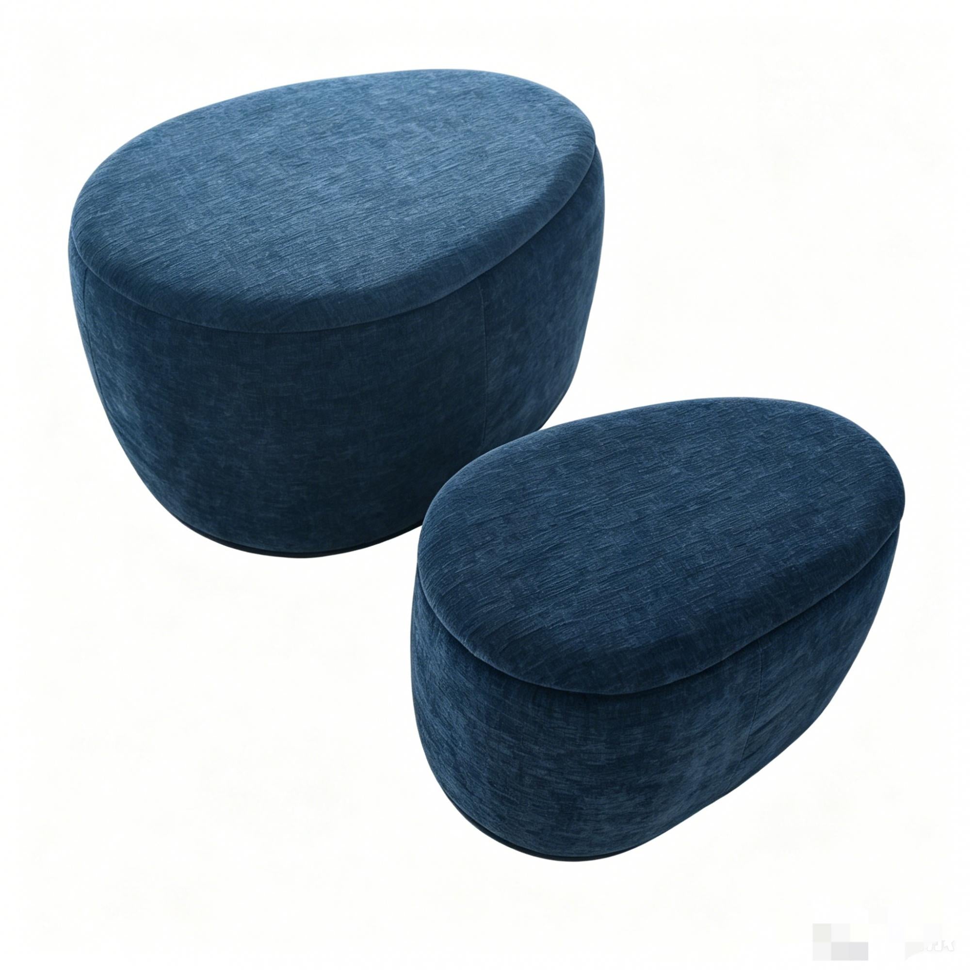 34" Set of Two Blue Chenille Round Ottoman With Storage