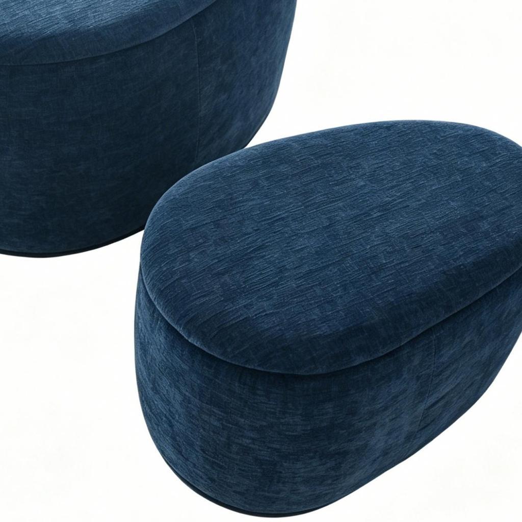 34" Set of Two Blue Chenille Round Ottoman With Storage