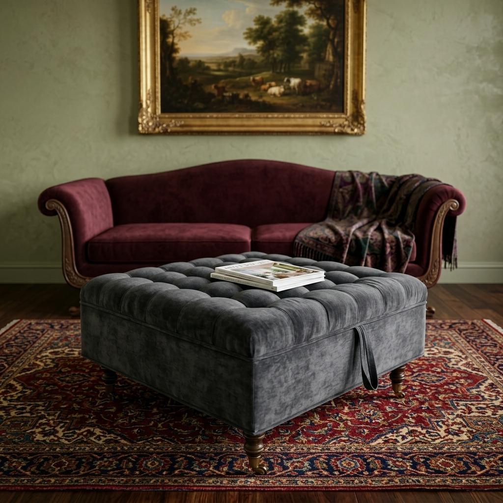 34" Dark Gray And Black Rolling Chenille Tufted Ottoman With Storage