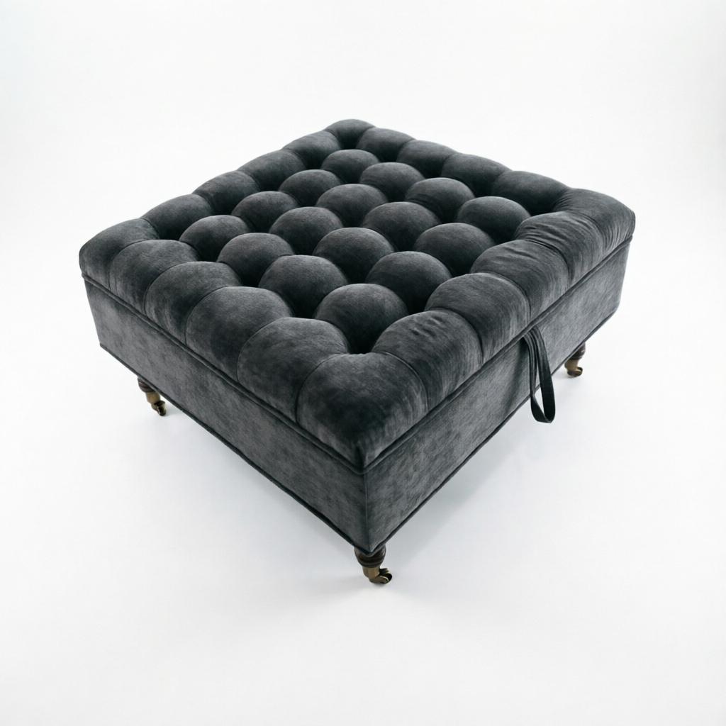 34" Dark Gray And Black Rolling Chenille Tufted Ottoman With Storage