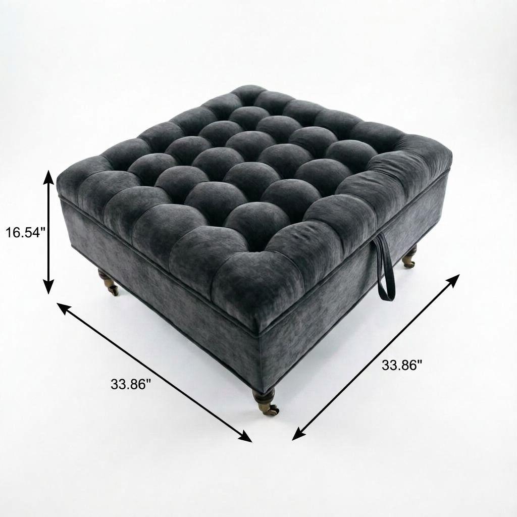 34" Dark Gray And Black Rolling Chenille Tufted Ottoman With Storage