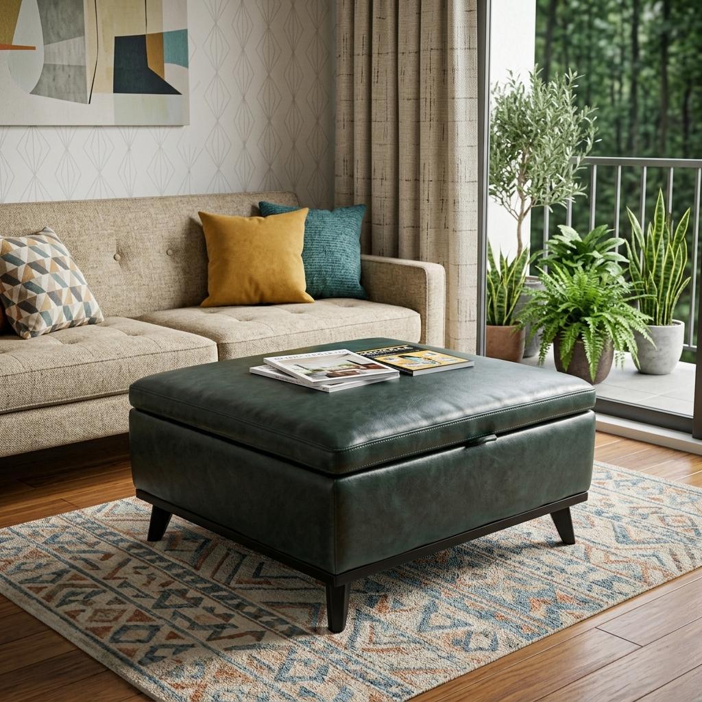37" Blue And Black Faux Leather Ottoman With Storage