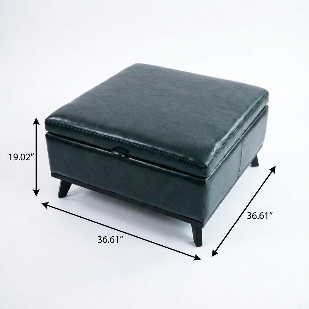 37" Blue And Black Faux Leather Ottoman With Storage