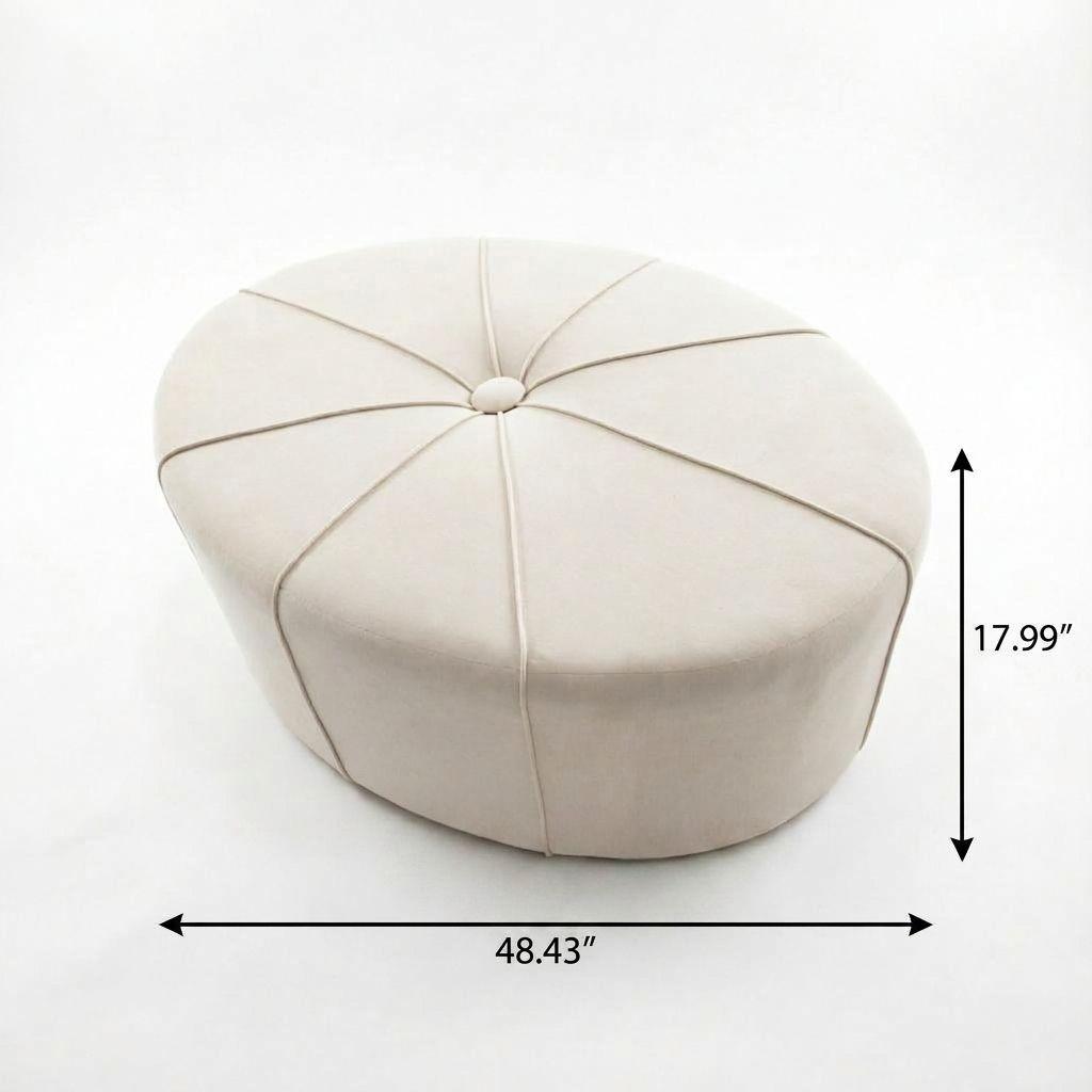 48" Cream and Black Cotton Blend and Linen Blend Tufted Oval Footstool