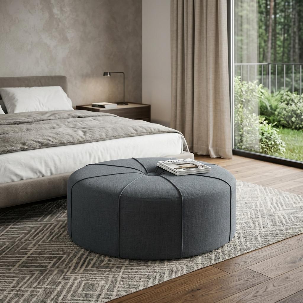 48" Slate Blue and Black Cotton Blend and Linen Blend Tufted Oval Cocktail Ottoman