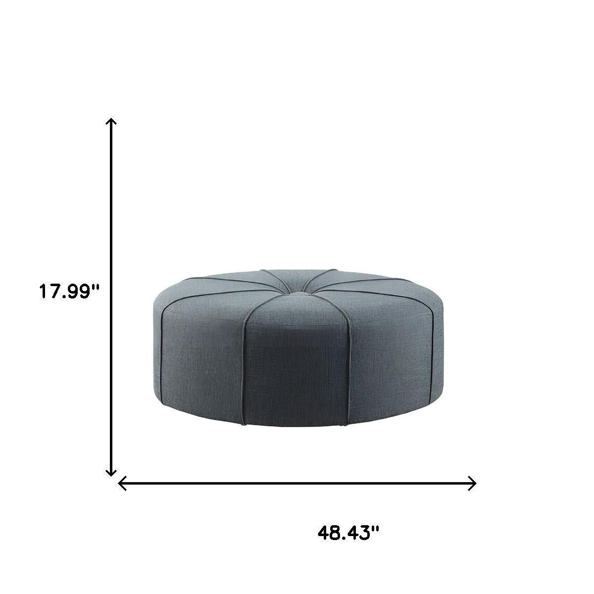 48" Slate Blue and Black Cotton Blend and Linen Blend Tufted Oval Cocktail Ottoman