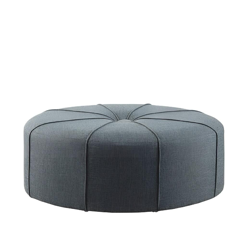 48" Slate Blue and Black Cotton Blend and Linen Blend Tufted Oval Cocktail Ottoman