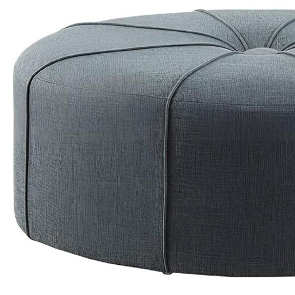 48" Slate Blue and Black Cotton Blend and Linen Blend Tufted Oval Cocktail Ottoman