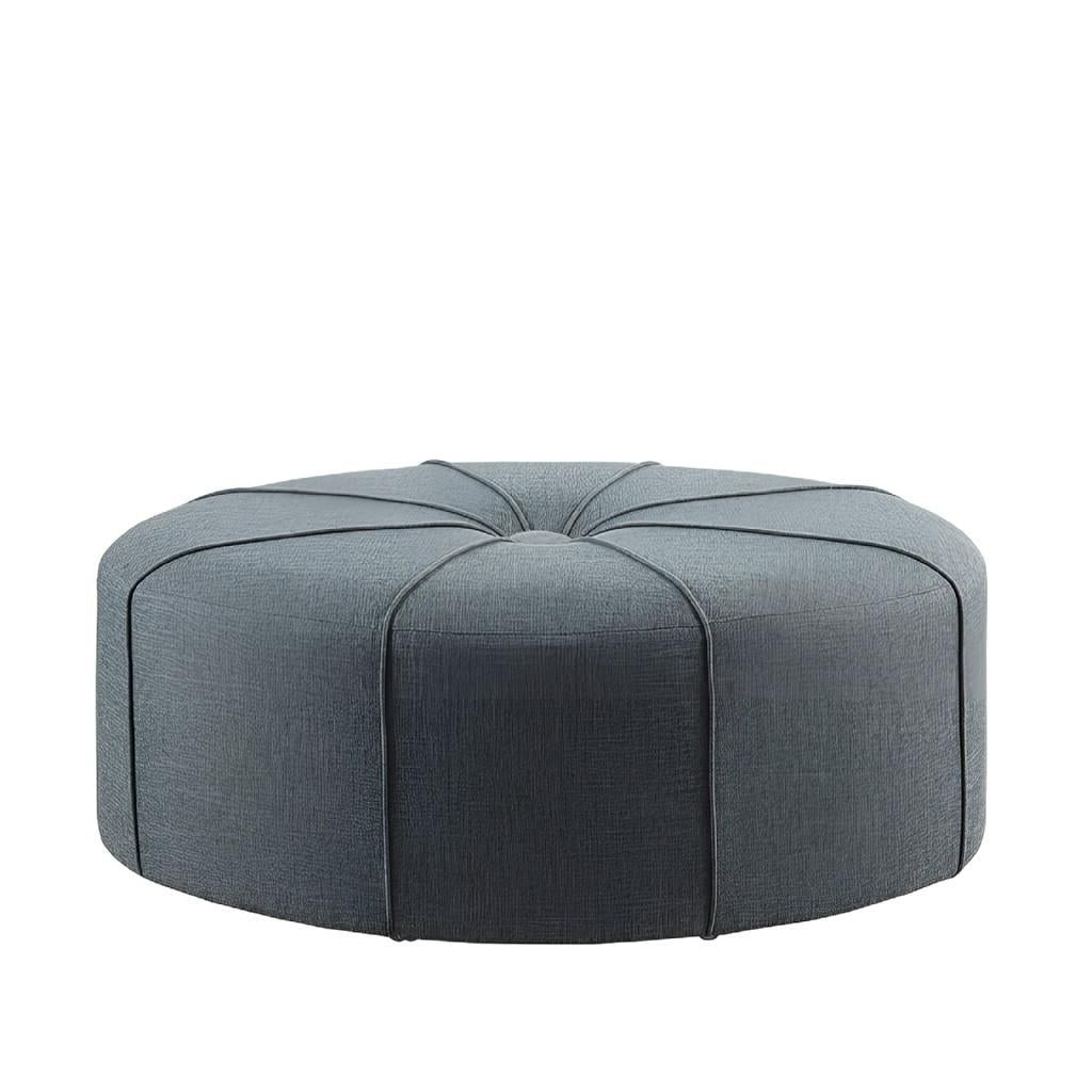 48" Slate Blue and Black Cotton Blend and Linen Blend Tufted Oval Cocktail Ottoman