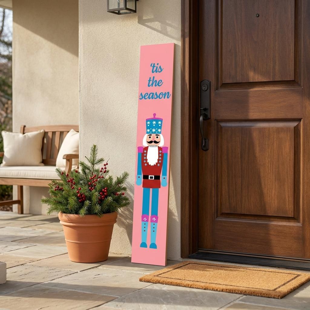 47" Blue And Pink Solid Wood Tis The Season Christmas Nutcracker Porch Sign