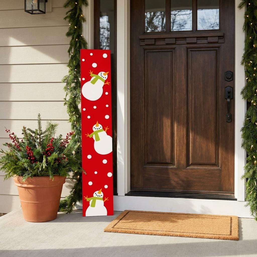 47" Red And White Solid Wood Snowman Porch Sign