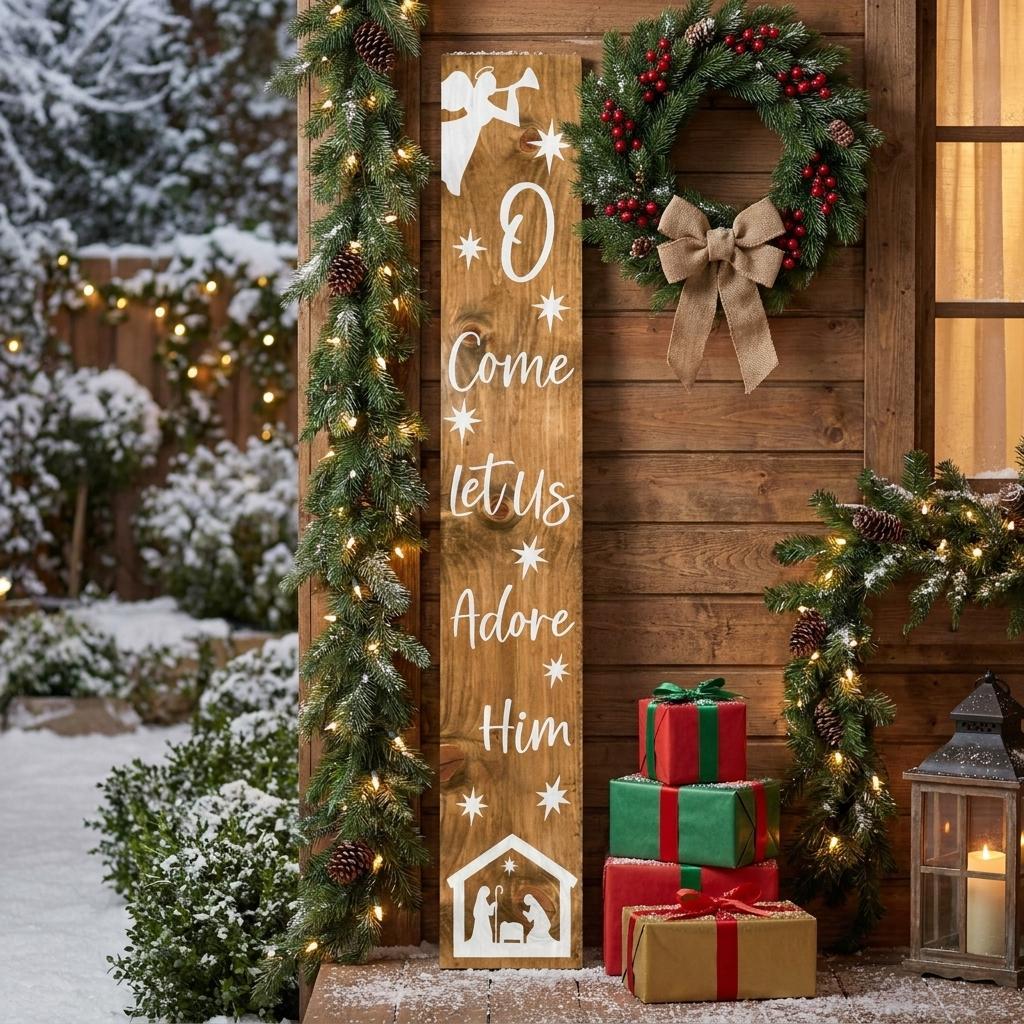 47" Natural And White Solid Wood Christmas Nativity Porch Sign