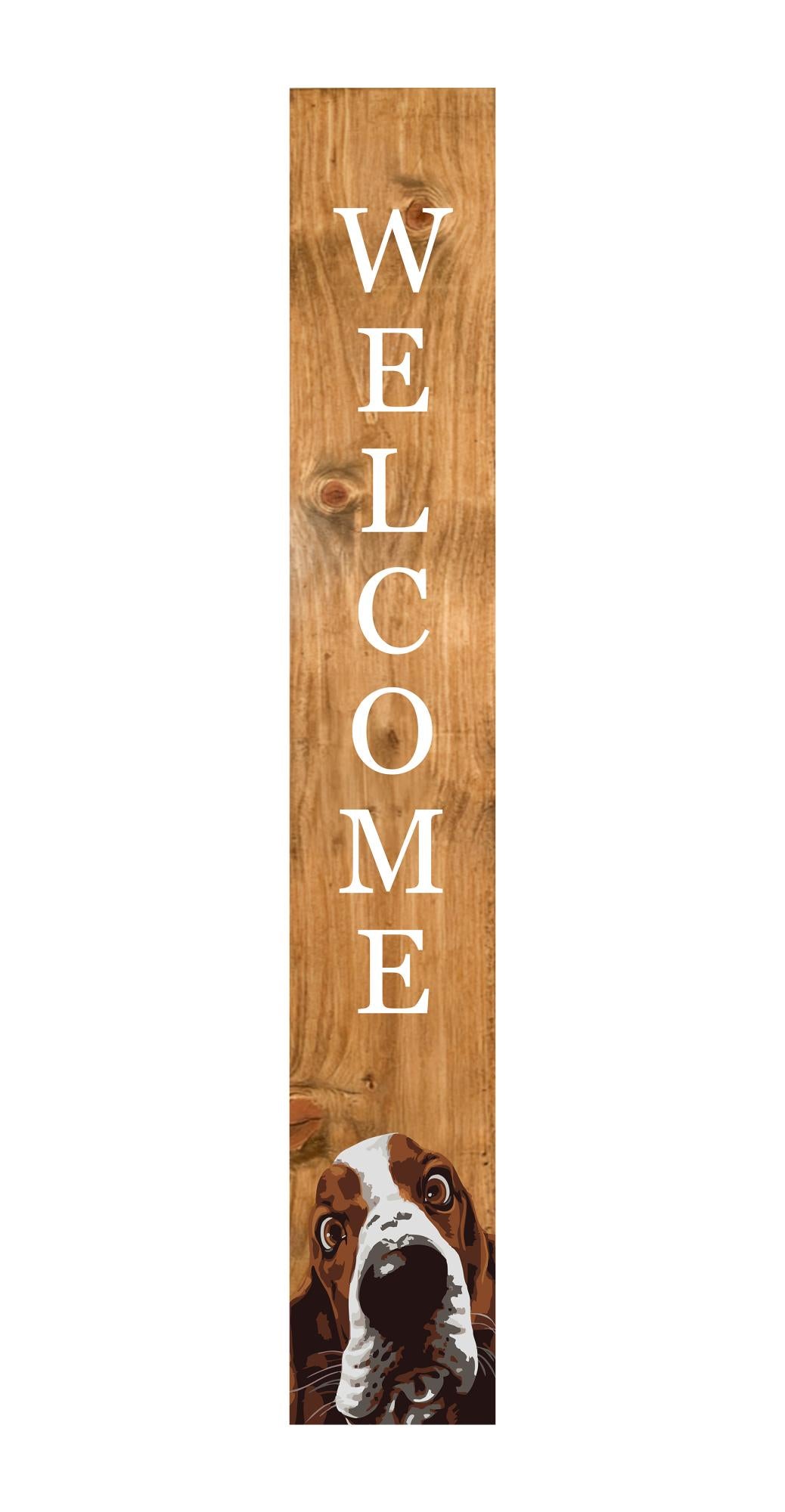 47" Natural And White Solid Wood Basset Hound Welcome Porch Sign