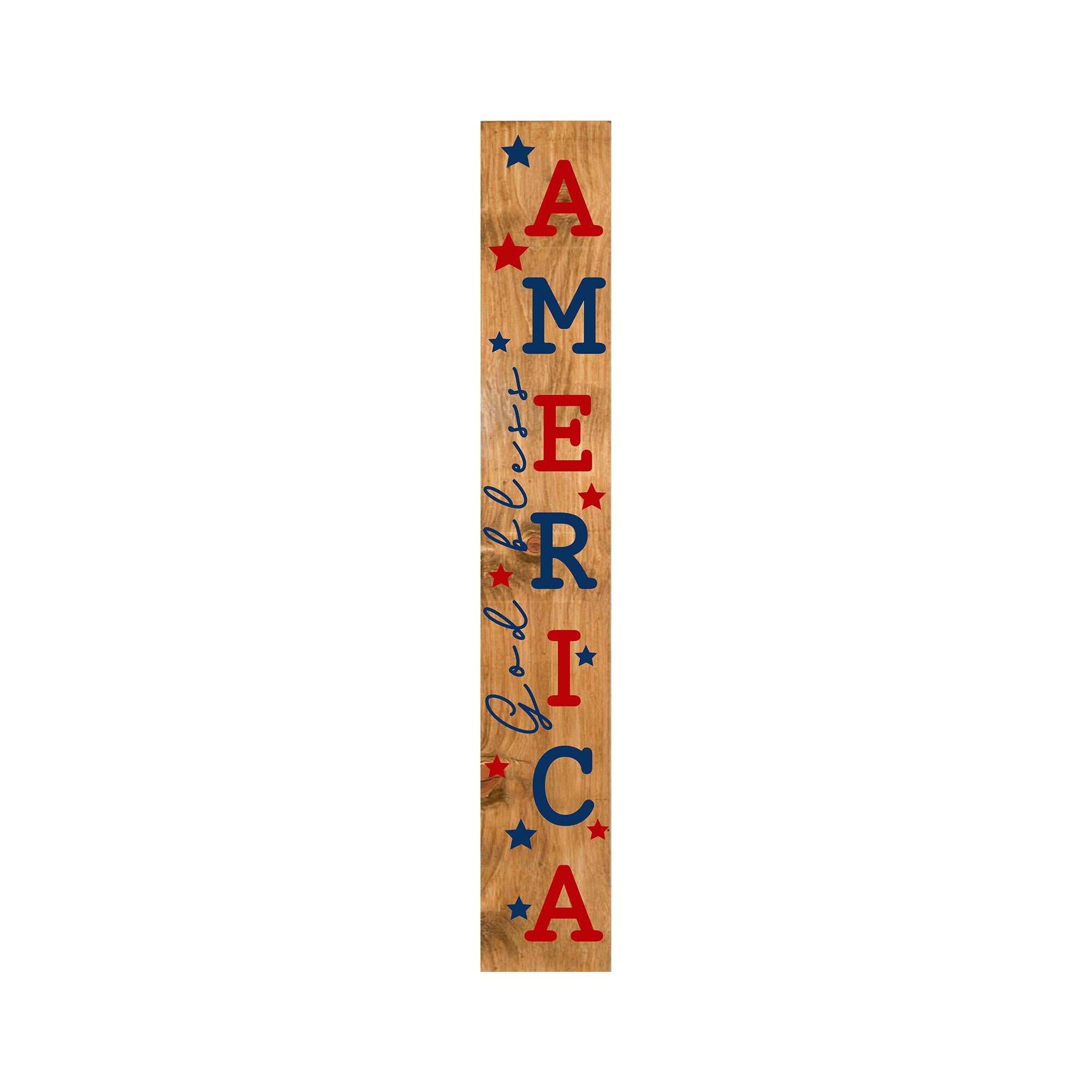 47" Natural Red And Blue Solid Wood God Bless America Porch Sign