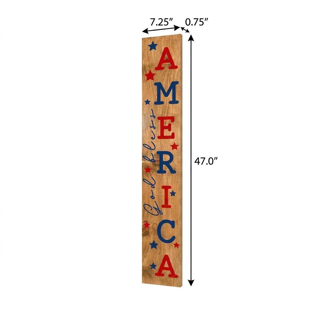 47" Natural Red And Blue Solid Wood God Bless America Porch Sign