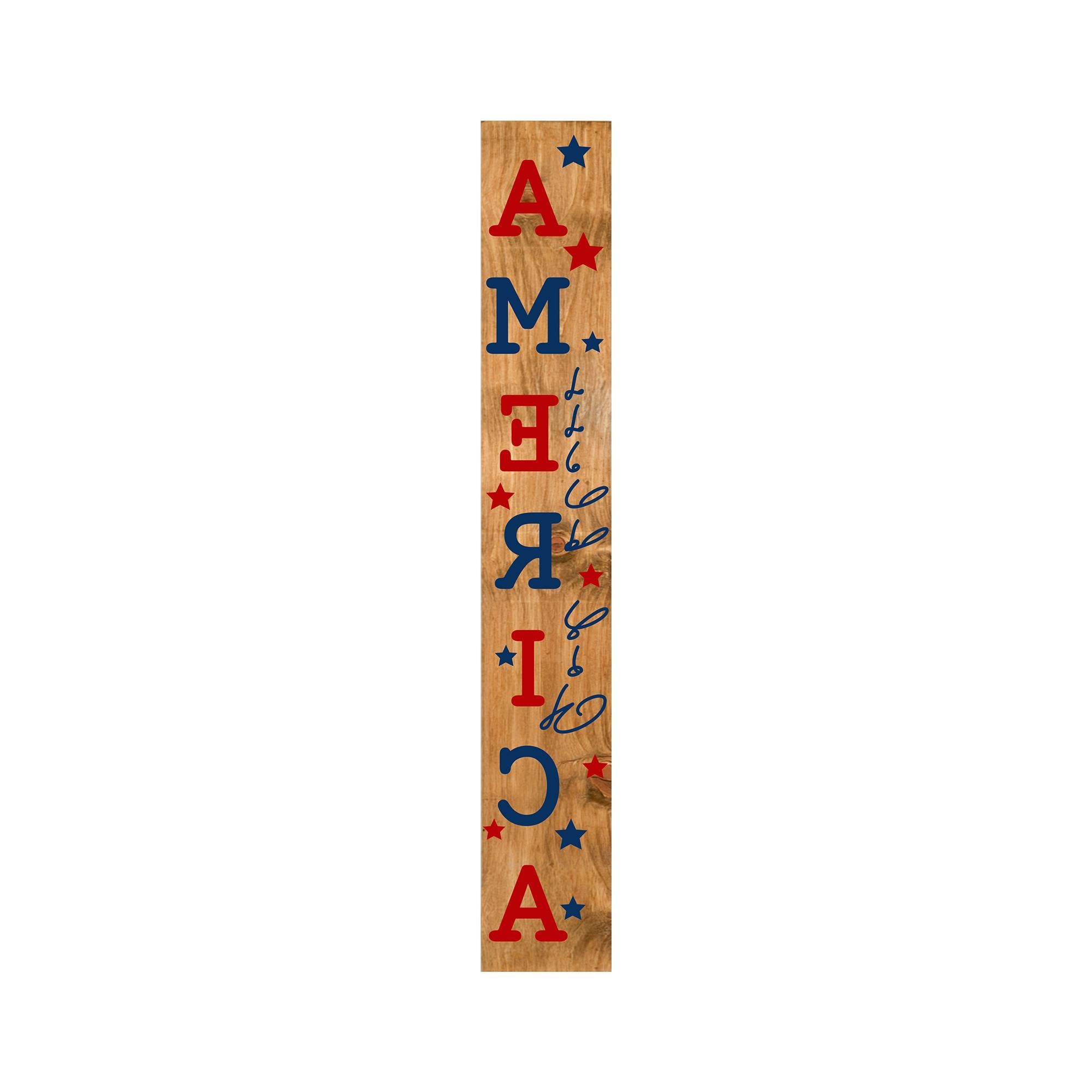 59" Natural Red And Blue Solid Wood God Bless America Porch Sign